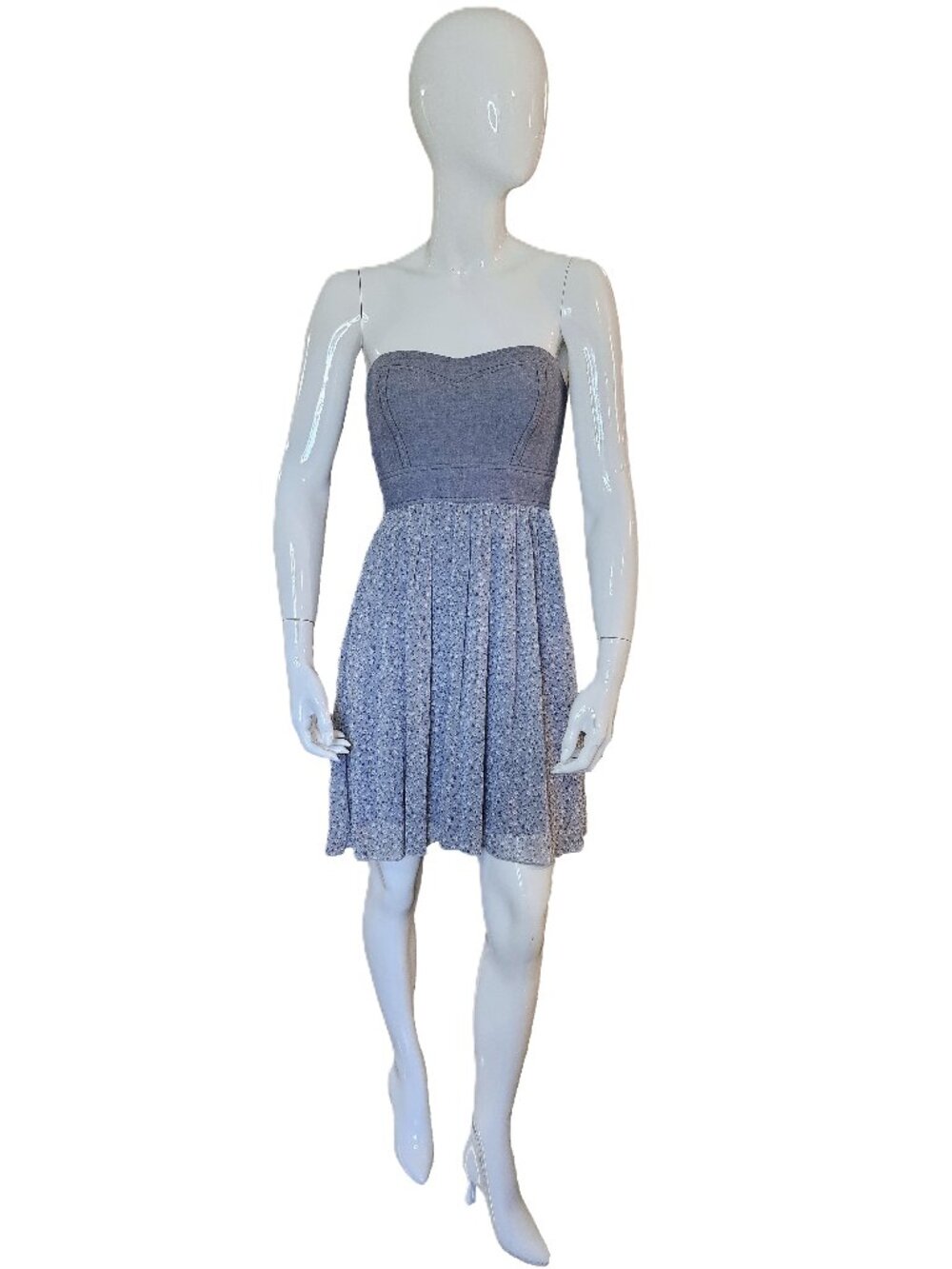 LE CHATEAU Blue & White Strapless Sweetheart Corset Bodice Floral Dress Size XS